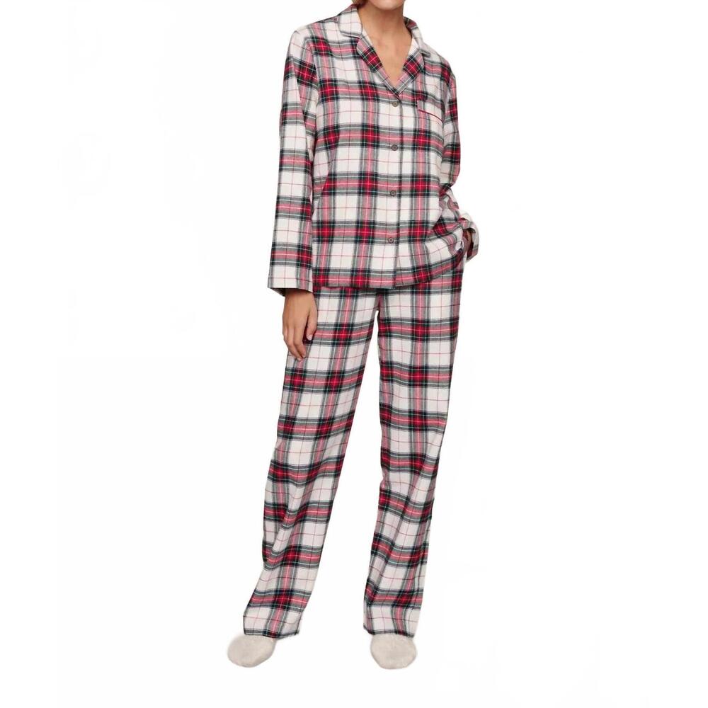 NEW EBERJEY flannel pajama set in tartan plaid ivory/holly red